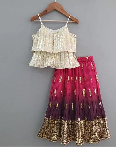 Pre-Order: Cream & Magenta Colour Foil Print Lehenga with Layered Top