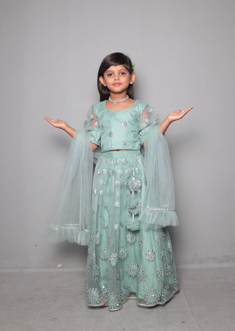 Pre-Order: Pastel Green Mirror Work Lehenga Set