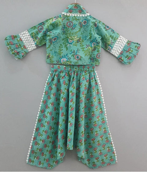 Pre-Order: Sea Green Printed Crop Top with Harem Style Dhoti