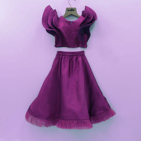 Pre-Order: Wine Frilly Embroidered Top And Lehenga