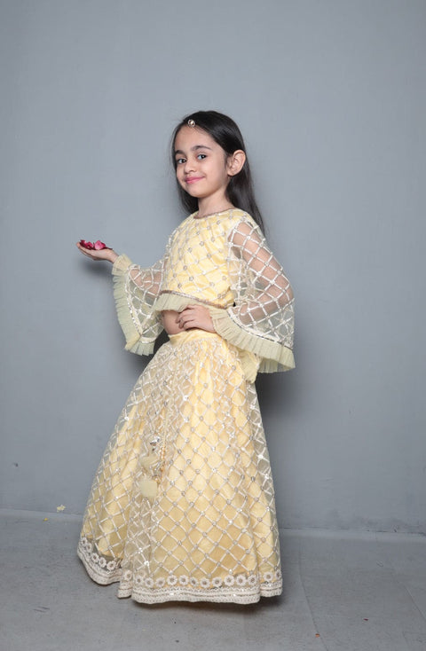 Pre-Order: Yellow Lakhnavi Work Top And Lehenga
