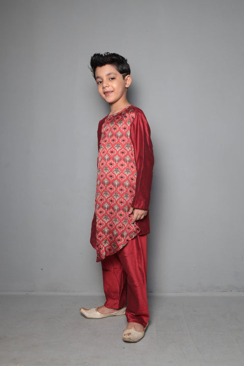 Pre-Order: Brick Red Printed Kurta And Churidar With Mask