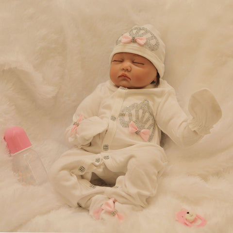 Pre-Order:  White Rhinestone Sleepsuit with Pink Bow