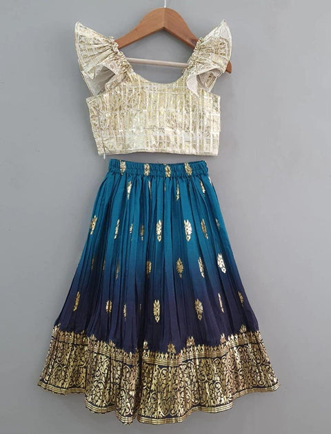 Pre-Order: Cream & Teal Colour Foil Print Lehenga with Frilly Top