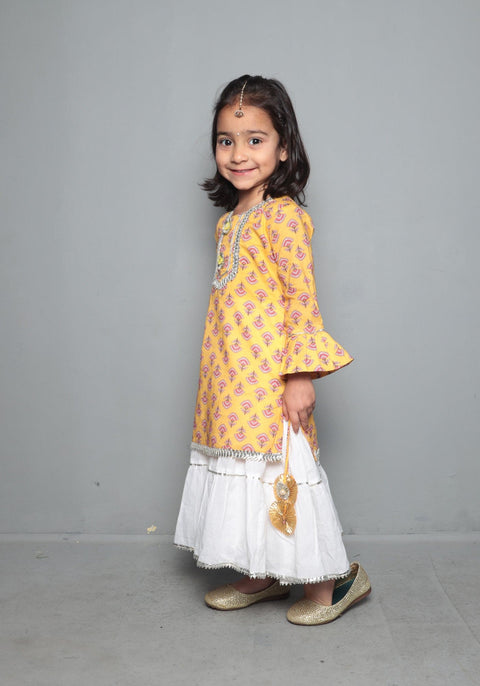 Pre-Order: Mustard Floral Printed Dress With Mask