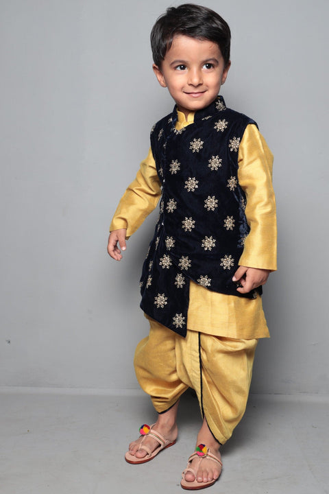 Pre-Order: Mustard Gold Kurta And Dhoti With Sequin Work Velvet Jacket