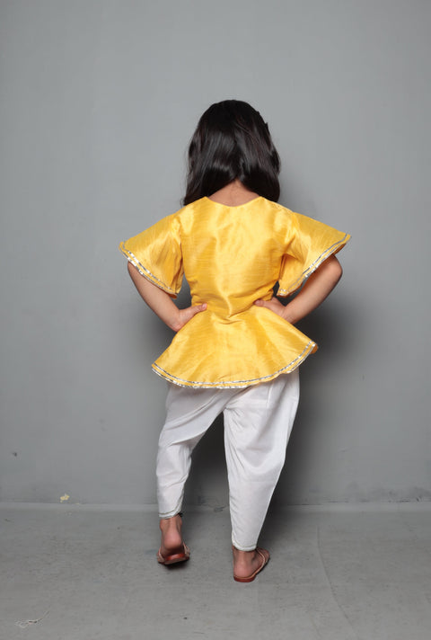 Pre-Order: Yellow Pearl Embroidered Peplum Top With Tulip Pant