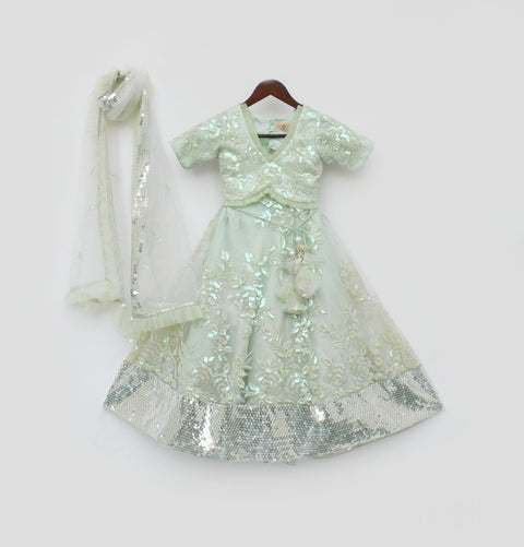 Pre Order: Green Sequins Embroidery Lehenga Choli and Dupatta