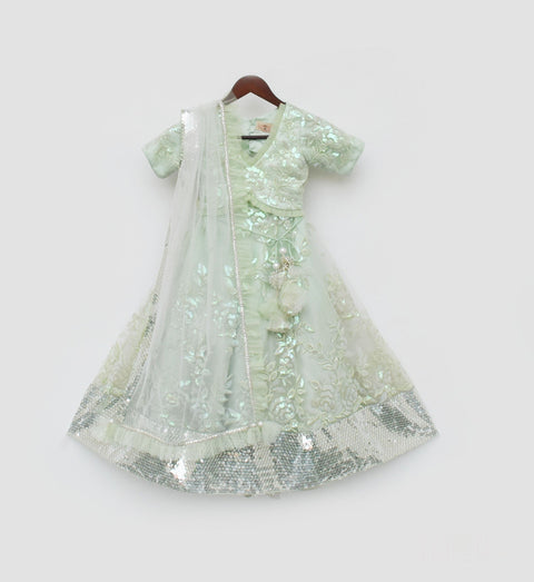 Pre Order: Green Sequins Embroidery Lehenga Choli and Dupatta