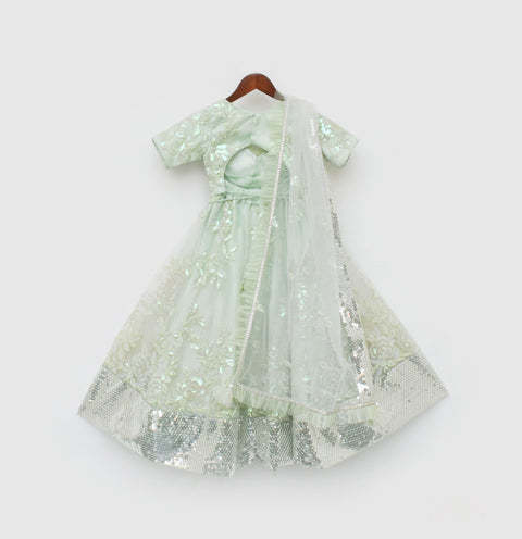 Pre Order: Green Sequins Embroidery Lehenga Choli and Dupatta