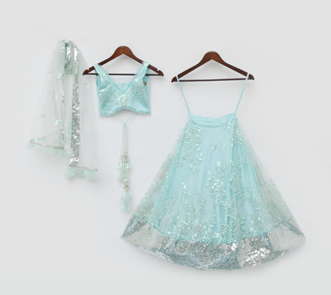 Pre Order: Blue Sequins Embroidery Lehenga Choli and Dupatta