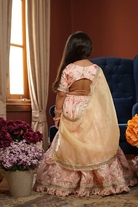 Pre Order: Peach Kotta Printed Lehenga Choli and Dupatta