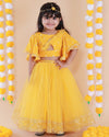 Pre-Order: Yellow Printed Bandhej Top with Mirror and Gota Embroidered Ghagra