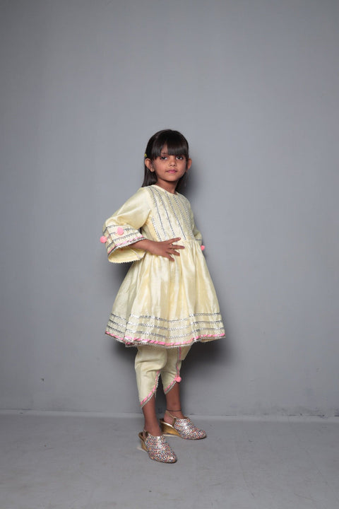 Pre-Order: Yellow Top with Gota & Pom Pom Work With Dhoti