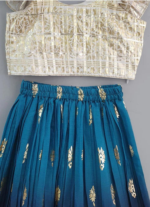 Pre-Order: Cream & Teal Colour Foil Print Lehenga with Frilly Top