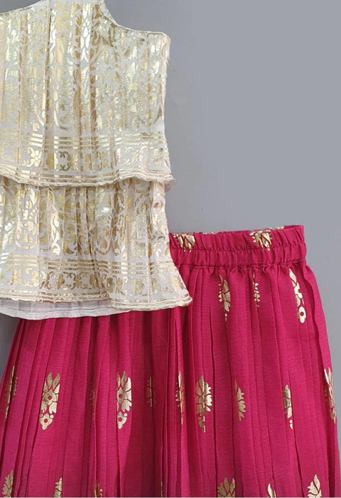 Pre-Order: Cream & Magenta Colour Foil Print Lehenga with Layered Top
