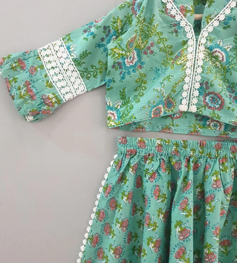 Pre-Order: Sea Green Printed Crop Top with Harem Style Dhoti