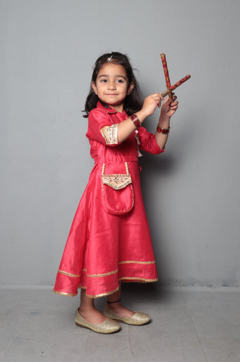 Pre-Order: Red Tassel Work Flaired Dress With Attached Purse