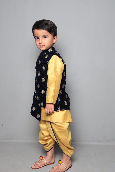 Pre-Order: Mustard Gold Kurta And Dhoti With Sequin Work Velvet Jacket