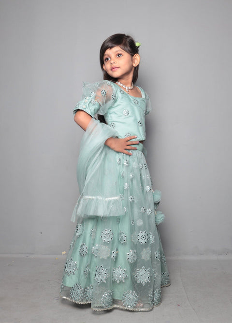 Pre-Order: Pastel Green Mirror Work Lehenga Set