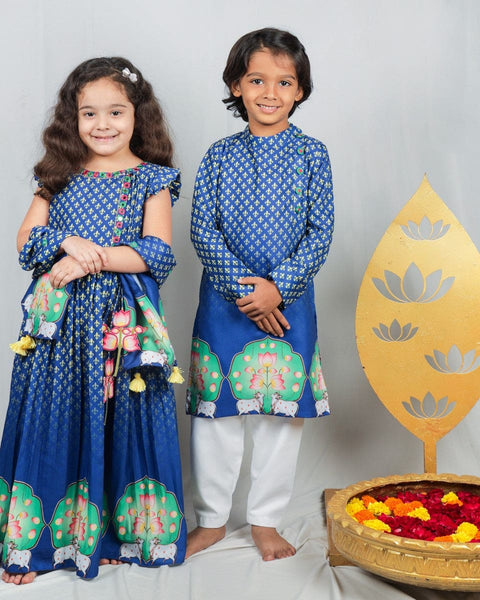 Pre-Order: Pichwai Blue Cow and Lotus Kurta Set