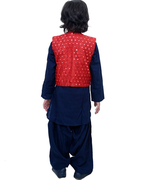 Blue Kurta Patiala with Red Mirror Jacket