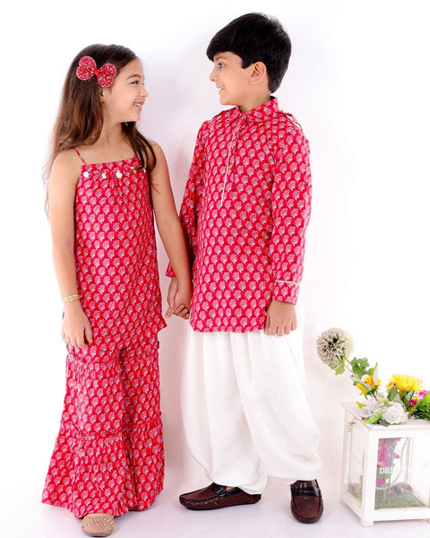 Pre-Order: Red Block print Sharara set