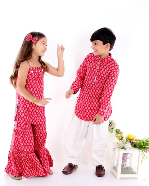 Pre-Order: Red Block print Sharara set