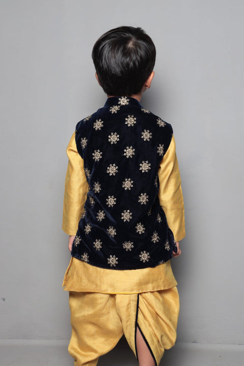 Pre-Order: Mustard Gold Kurta And Dhoti With Sequin Work Velvet Jacket