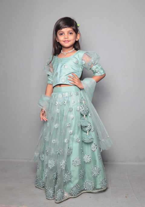 Pre-Order: Pastel Green Mirror Work Lehenga Set