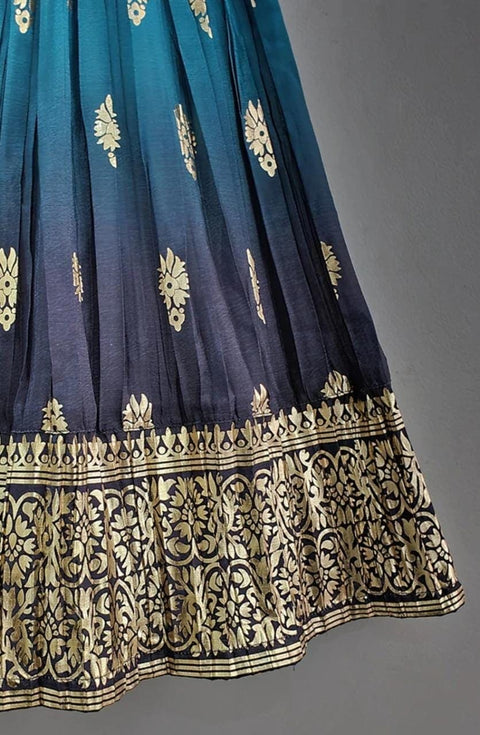 Pre-Order: Cream & Teal Colour Foil Print Lehenga with Frilly Top