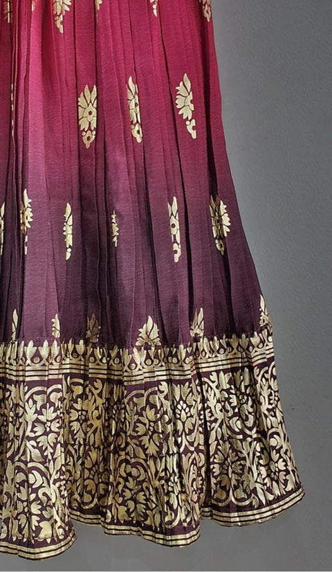 Pre-Order: Cream & Magenta Colour Foil Print Lehenga with Layered Top