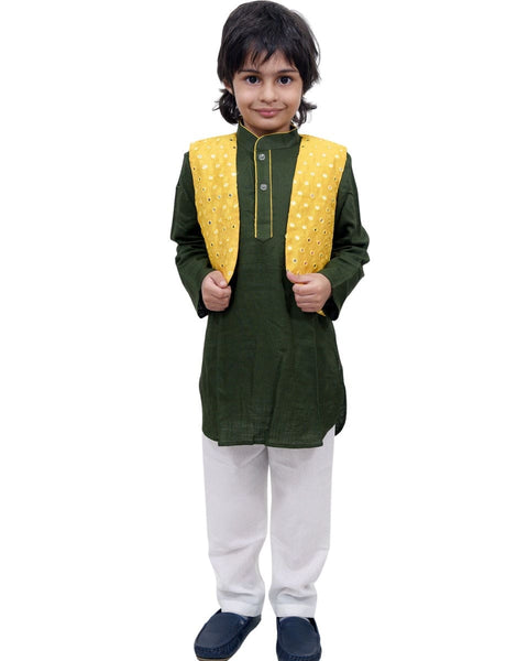 Green Kurta Churidar with Yellow Mirror Jacket