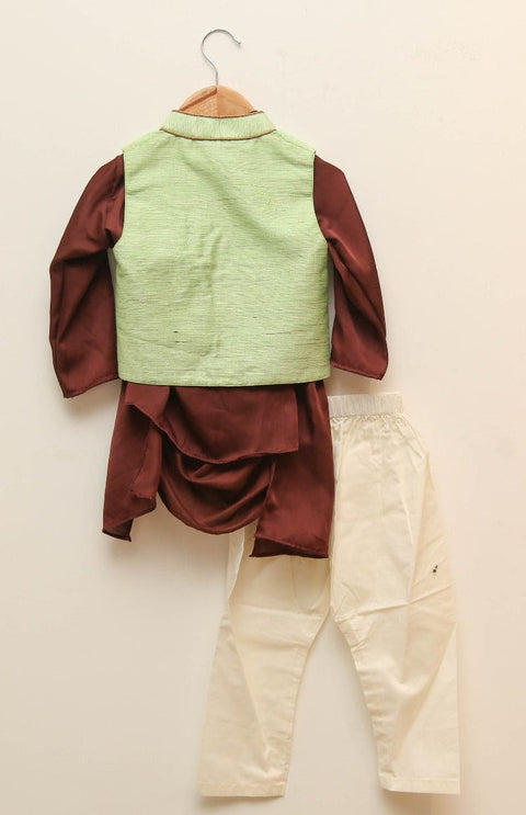 Stylish Brown Kurta with Light Green Embroidered Jacket and Churidar