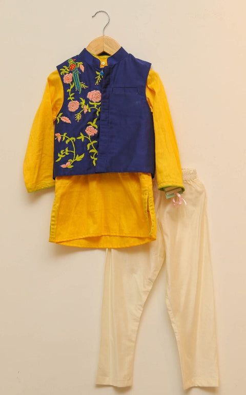 Blue Embroidered Jacket with Yellow Kurta and Churidar