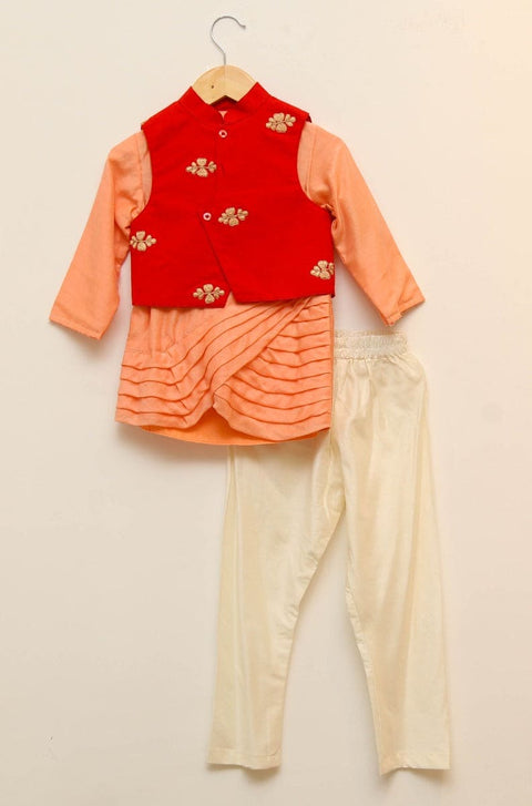 Stylish Peach Kurta and Red Jacket with Pajama