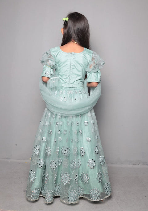 Pre-Order: Pastel Green Mirror Work Lehenga Set