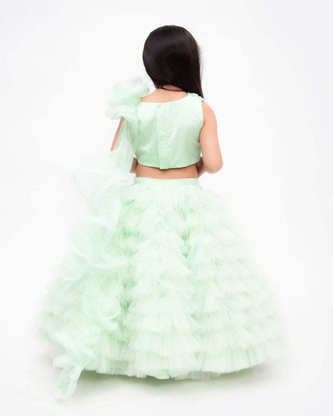 Pre-Order: Green net frills lehenga with Ruffle Choli
