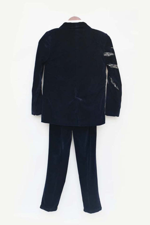 Pre-Order: Dark Blue Embroidered Velvet Coat Set