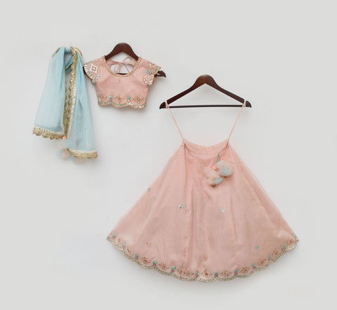 Pre Order: Peach Embroidery Organza Lehenga Choli and Blue Dupatta