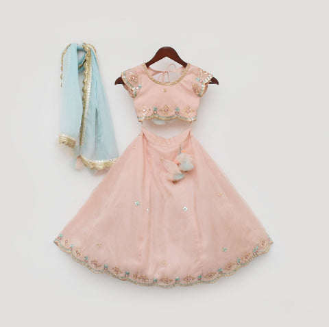 Pre Order: Peach Embroidery Organza Lehenga Choli and Blue Dupatta