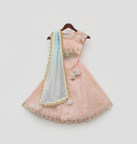 Pre Order: Peach Embroidery Organza Lehenga Choli and Blue Dupatta
