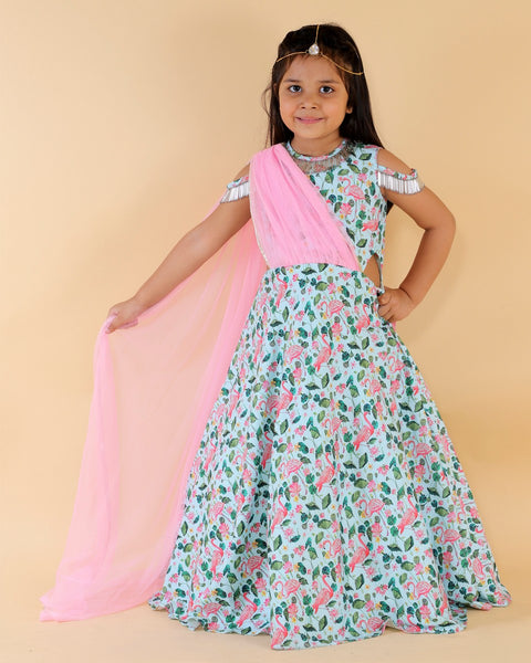 Pre-Order: Printed Gown with Pink Drape Dupatta