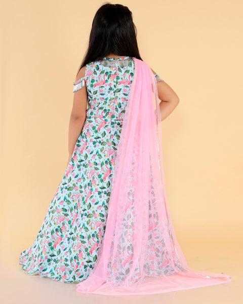 Pre-Order: Printed Gown with Pink Drape Dupatta