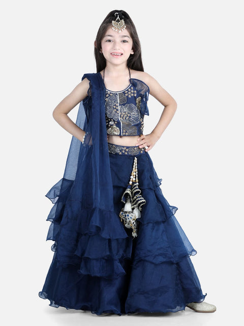 Pre-Order: Blue Organza Lehenga with Handmade latkans