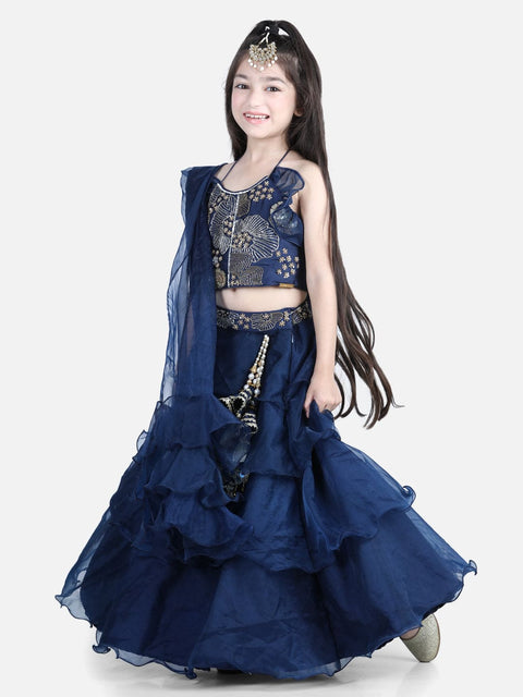 Pre-Order: Blue Organza Lehenga with Handmade latkans