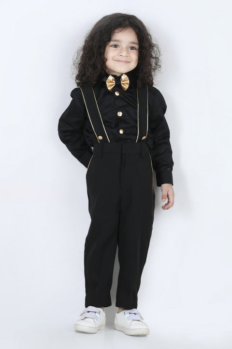 Pre-Order: Pintex Shirt with Golden piping Suspender Pants, Double colour Bow