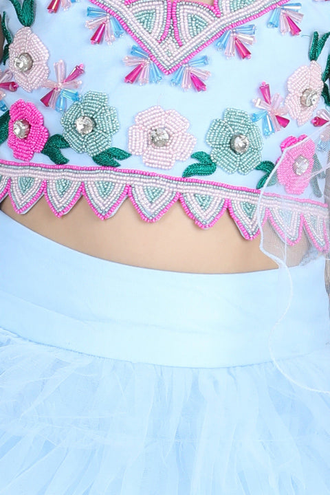 Pre-Order: Blouse with Hand Embroidery and Tulle Lehenga and Dupatta