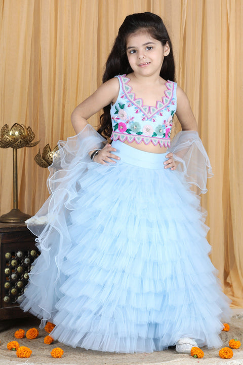 Pre-Order: Blouse with Hand Embroidery and Tulle Lehenga and Dupatta