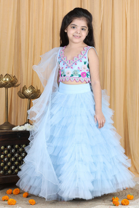 Pre-Order: Blouse with Hand Embroidery and Tulle Lehenga and Dupatta